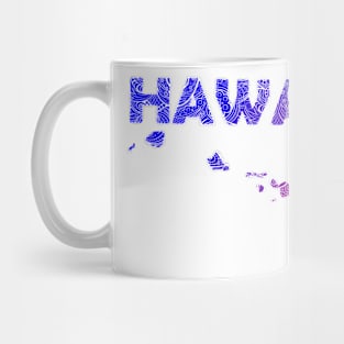 Colorful mandala art map of Hawaii with text in blue and violet Mug